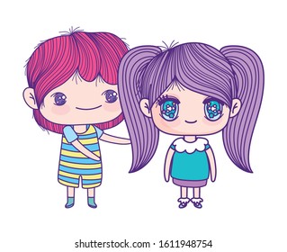 kids, little girl and boy anime cartoon characters vector illustration