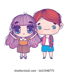 kids, little girl and boy anime cartoon characters vector illustration