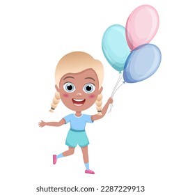 kids, little girl jump with colorful balloons on white background, cartoon illustration, vector. Birthday.Cute children having fun on birthday party. happy kids greeting card celebrate birthday vector