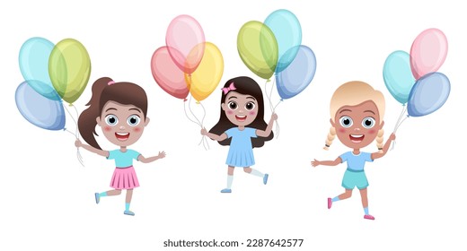 kids, little girl jump with colorful balloons on white background, cartoon illustration, vector. Birthday.Cute children having fun on birthday party. happy kids greeting card celebrate birthday vector