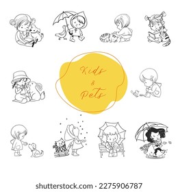 Сute kids with little pets set. Vector illustration of cute children helping pets.