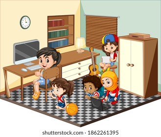 Kids in the living room scene on white background illustration
