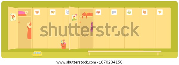 Kids\
lockers in kindergarten background. Lockers with doors in row and\
bench vector illustration. Preschool yellow storage equipment. Open\
and closed doors, coat, hats, toys in\
lockers.