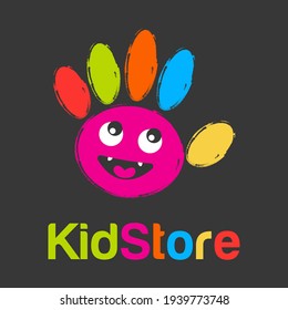 Kids logo art bright colorful paint print of the palm of baby hand with fingers.Design templates creative children's sign,symbol kindergarten,toys shop,kid clothing store,art school,kids play icon.