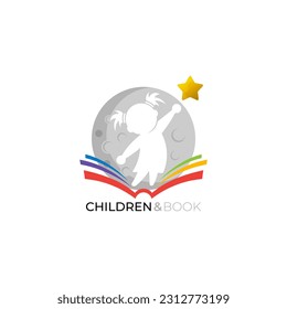 Kids logo and book design vector, children with smart icons