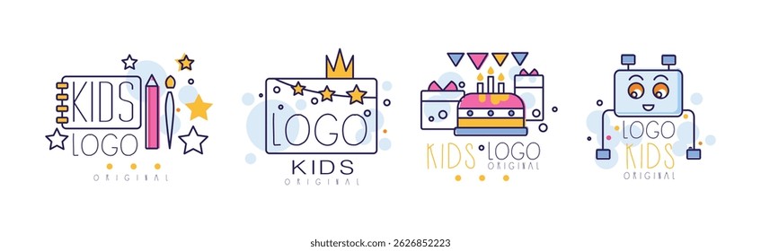 Kids Logo and Colorful Signs for Playing Space Vector Set