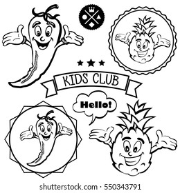 Kids logo design vector set. Kids community or club logo elements. Pineapple and chilli characters.