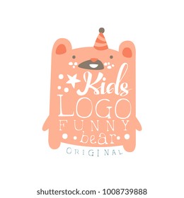 Kids logo, funny bear original, baby shop label, fashion print for kids wear, baby shower celebration, greeting, invitation card colorful hand drawn vector Illustration