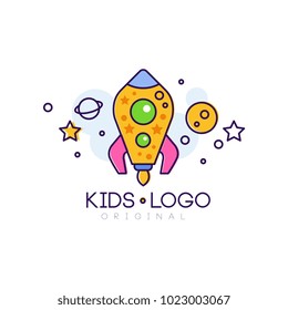 Kids logo original, creative concept template, design element with rocket, hand drawn vector Illustration isolated on a white background