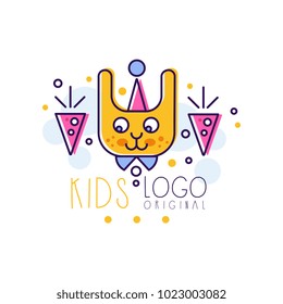 Kids logo original, creative concept template, design element with cute funny animal hand drawn vector Illustration isolated on a white background