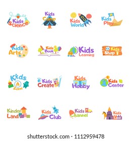 Kids logo vector set. Logo collection of kids club, land, playground, zone, hobby, arts. Colorful promo signs and creative idea for children's playing space. Vector icons and symbols set of child logo