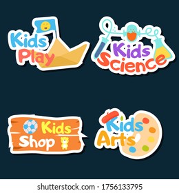 Juego de vectores con logotipo infantil. Colección de logotipos de club infantil, tierra, patio de juegos, zona, pasatiempo, artes. Pancartas de promoción coloridas y idea creativa para los niños jugando espacio. Iconos vectores y conjunto de símbolos secundarios