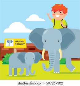 Kids looking happy while riding elephant in the zoo