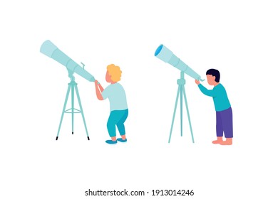 Niños mirando al telescopio conjunto de caracteres vectoriales de color plano sin rostro. Aprender cosas nuevas después de la escuela. Ilustración de dibujos animados aislados para diseño gráfico web y colección de animación