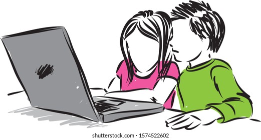 kids looking at  laptop screen vector illustration