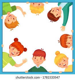 Kids looking out from square frame. Children peeking out waving, showing thumb up and hiding. Boys and girls friendship. Little pupils in window frame or border vector illustration