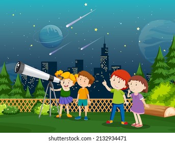 Un niño mirando el planeta con la ilustración del telescopio