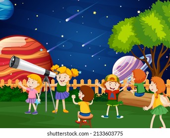 A Kids Looking at the planet with Telescope illustration