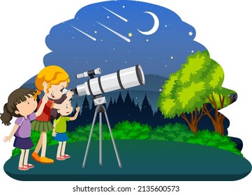 Un niño mirando el planeta con la ilustración del telescopio