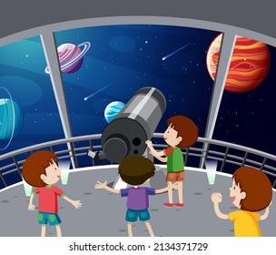 Un niño mirando el planeta con telescopio en la ilustración observatoria