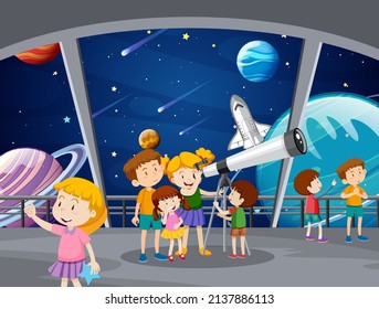 A Kids Looking at the planet with Telescope at observatory illustration