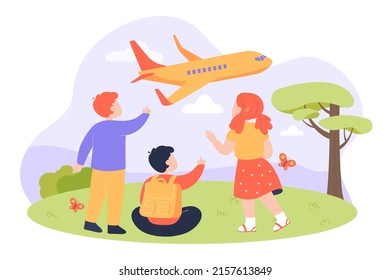 Kids looking and pointing at plane in sky. Back view of boys and girl or friends sitting and standing on lawn watching flying airplane flat vector illustration. Friendship, aviation concept