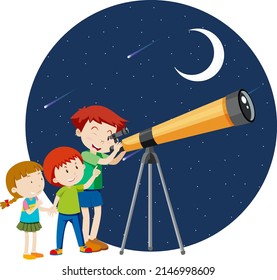 Niños mirando a través del telescopio en ilustración nocturna