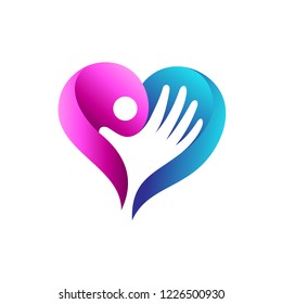 kids love and care logo. charity logo template. heart logo with hands and people inside