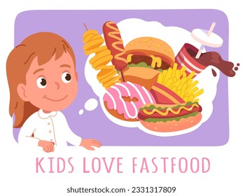 Kinder lieben Fastfood-Text auf Poster. Lächelnde junge Person, die von Hamburger, Hot Dog, Cola Drink, Pommes frites Junk Food Aufkleber träumt. Konzept ungesunder Fast-Food-Gerichte: flache Vektorgrafik