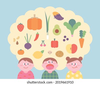 Kids love fresh vegetables and fruits. flat design style minimal vector illustration.