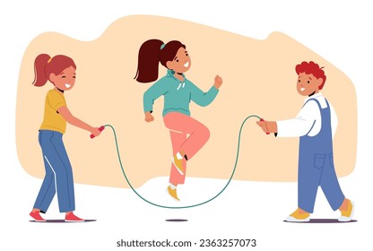 Kids Love Jumping Rope, Children Characters Engage in Fun Playful Activity That Improves Coordination, And Endurance, While Fostering A Sense Of Joy And Camaraderie. Cartoon People Vector Illustration
