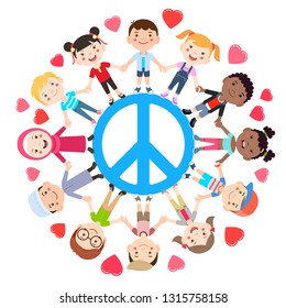 Kids love peace conceptual. Groups of children join hands all around the peace symbol. Vector illustration.