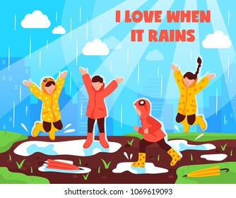Kids love rainy weather poster with children in waterproof clothing having fun jumping in puddles vector illustration 