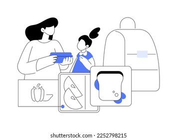 Kids lunch box abstract concept vector illustration. Lunch box idea, balanced kids nutrition, healthy snack, school supply, parent care, leak proof insulated bag, thermos abstract metaphor.