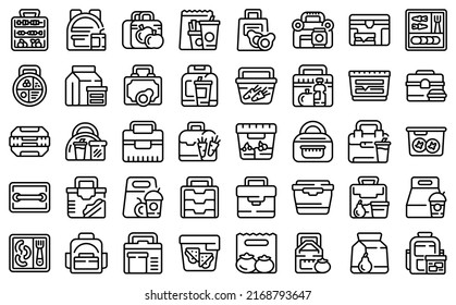 Kids lunch box icons set outline vector. Kid snack. Breakfast pack