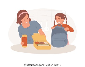 Kids lunch box isolated concept vector illustration. Lunch box idea, balanced kids nutrition, healthy snack, school supply, parent care, leak proof insulated bag, thermos vector concept.