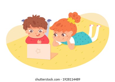 Kids lying on floor watching at laptop. Little boy and girl looking at computer on yellow carpet. Children with mobile devices vector illustration. Indoor fun activities with electronics.