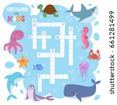 Kids magazine book puzzle game of sea underwater ocean fish and animals logical crossword worksheet colorful printable vector Illustration.