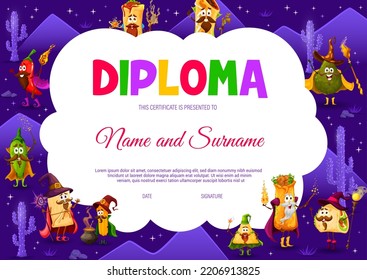 Kids mage diploma, cartoon Tex Mex Mexican food wizards characters, vector award certificate. Appreciation diploma template or education award with burrito warlock, taco sorcerer and avocado wizard