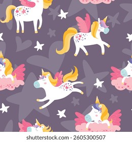 Kids magic unicorn seamless pattern. Cute fairytales ornament hand drawn with unicorns, stars.