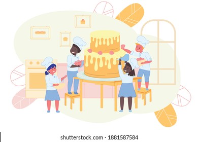 Kids Making Cake and Decorating Bakery Flat Cartoon Vector Illustration. International Cute Boys and Girls Cooking in Kitchen. Culinary Class for Children. Characters Adding Flowers and Glaze.