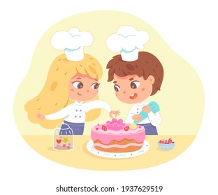 Kids Making Cake At Home. Little Girl And Boy In Hat And Apron Decorating Cake With Pink Icing And Cream Vector Illustration. Young Happy Chefs Preparing Sweet Food In Kitchen.