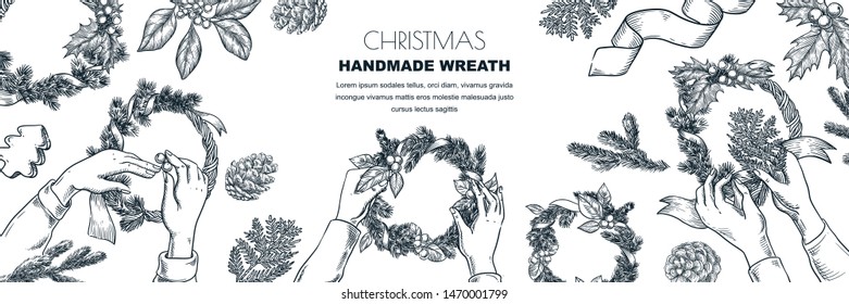 Kids making Christmas and New Year handmade gifts. Vector top view sketch illustration of painting, drawing children. Craft and creativity concept. Holiday workshop banner background design.