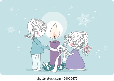 kids making christmas wreath