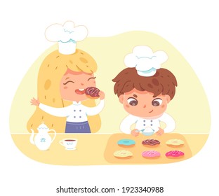 Kids making doughnuts at home. Little girl and boy in hat and apron decorating donuts with icing and sugar vector illustration. Young happy chefs preparing sweet food in kitchen.