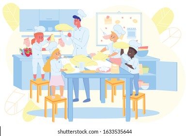 Kids Making Homemade Pizza Under Chef Guidance Flat Cartoon Vector Illustration. Children Rolling Out Dough. Man Teaching Boys And Girls Cooking. Mess In Kitchen. Culinary Class For Friends.