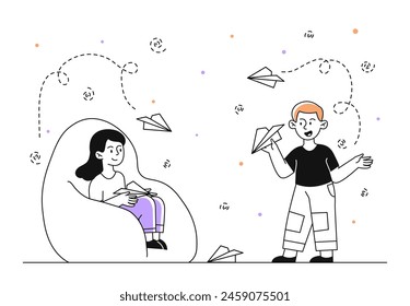 Kids making paper airplanes simple. Boy and girl with paper planes. Entertainment and leisure, fun. Origami and paper cut handmade. Doodle flat vector illustration isolated on white background