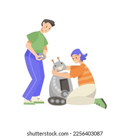 Niños haciendo robots durante la clase científica de ilustración vectorial. Muchacho y chica como científicos construyendo una máquina aislada de fondo blanco. Robótica, desarrollo, concepto de educación