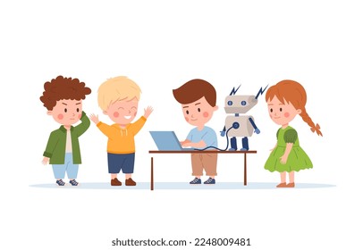 Kids making robot together, science for children - flat vector illustration isolated on white background. Cute little children programming robot on laptop. Smart kids studying science and technology.