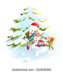 Kids making a snowman with snow sticks and carrot. Children playing in winter with snow, Christmas holiday clipart, building a snowman. Winter activities together. Vector isolated kids clip art.